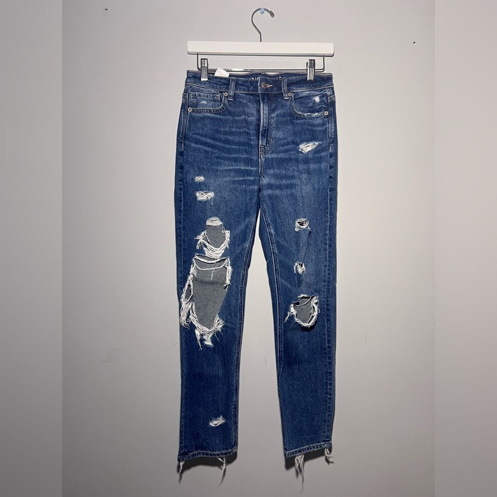 American Eagle Strigid Mom Embroidery Distress Dark Wash High Rise Denim Jeans 4